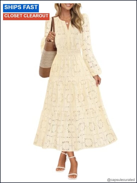 Dresses & Skirts - Elegant Long Sleeve Floral Eyelet Lace Maxi Dress with Pockets